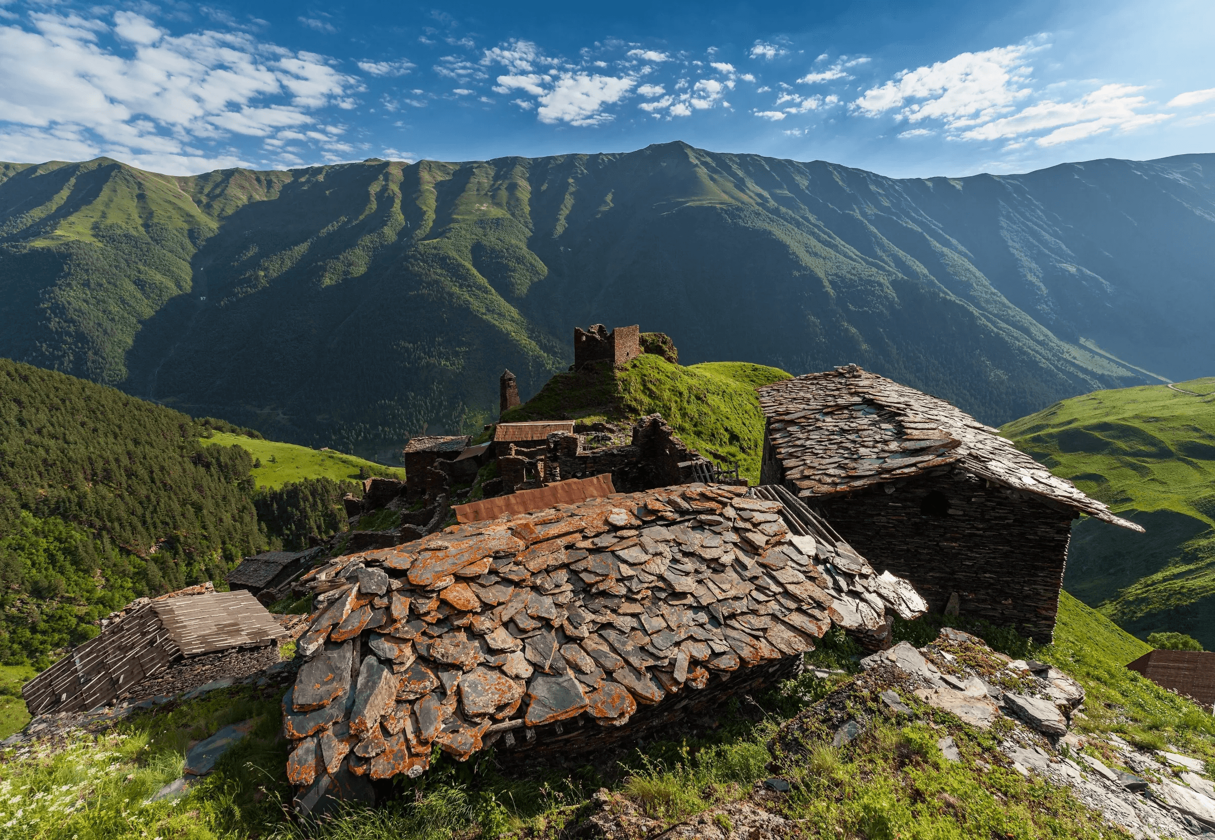 Stone towers of a Tusheti village on a green mountainside